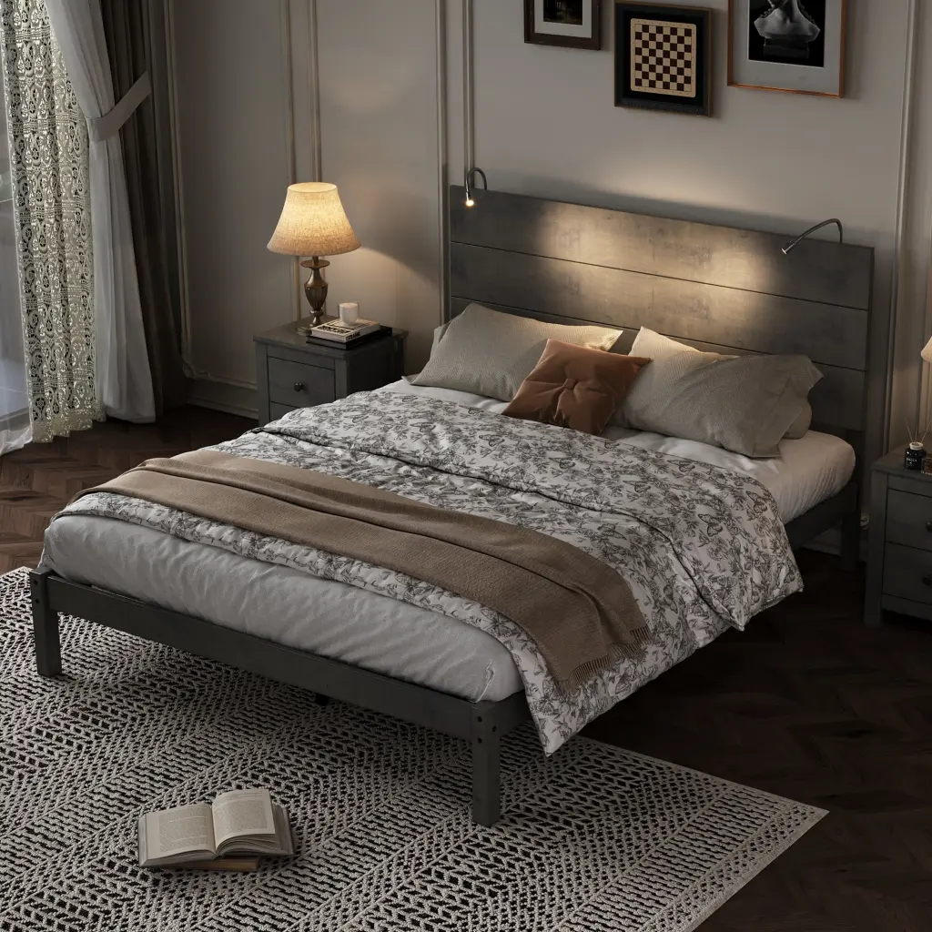 Farmhouse Wooden Platform Full Size Bed Modern Platform Bed Two Drawers homey life