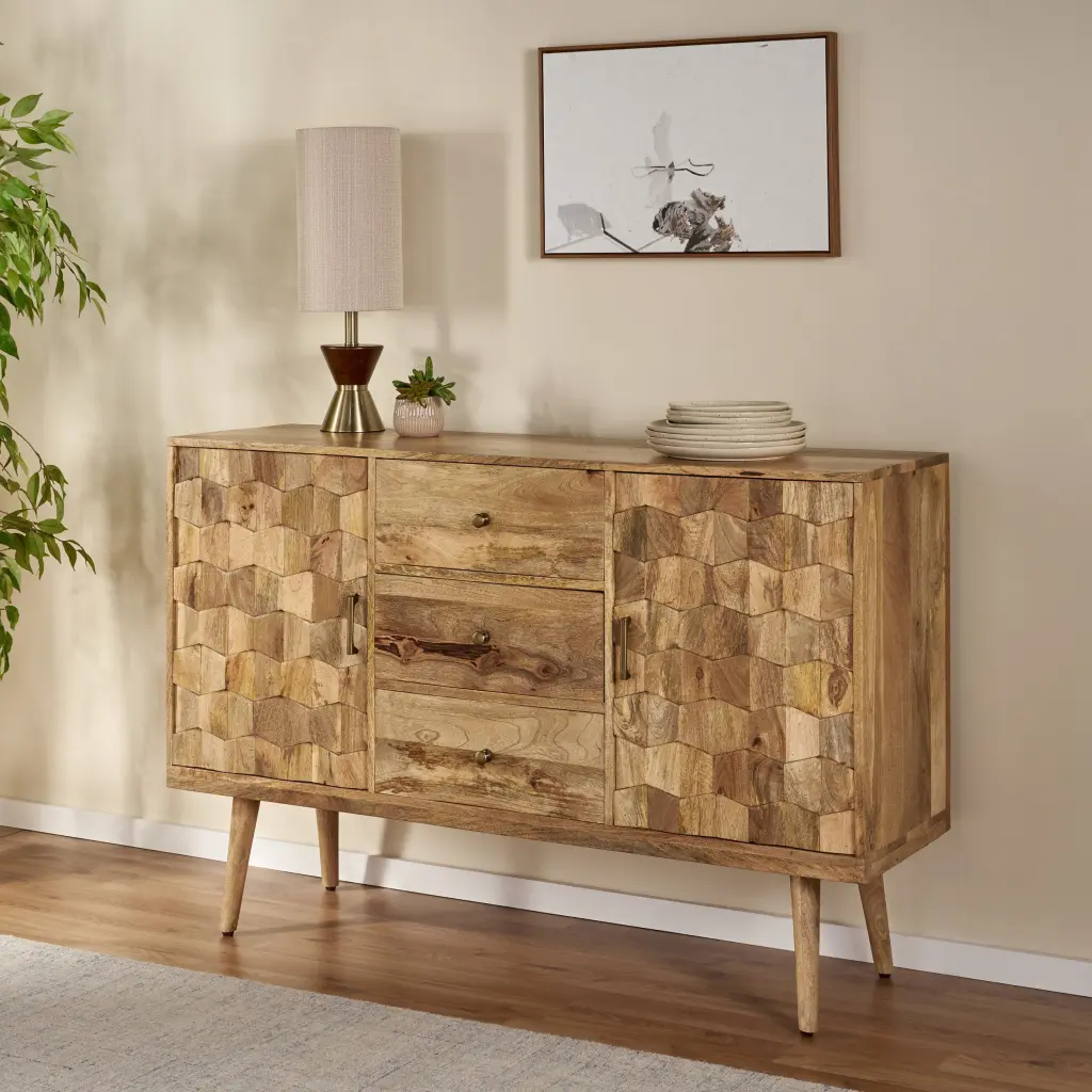 3 Drawer Sideboard 2 Doors and KD Legs Natural Wood Finish nh-vivalux