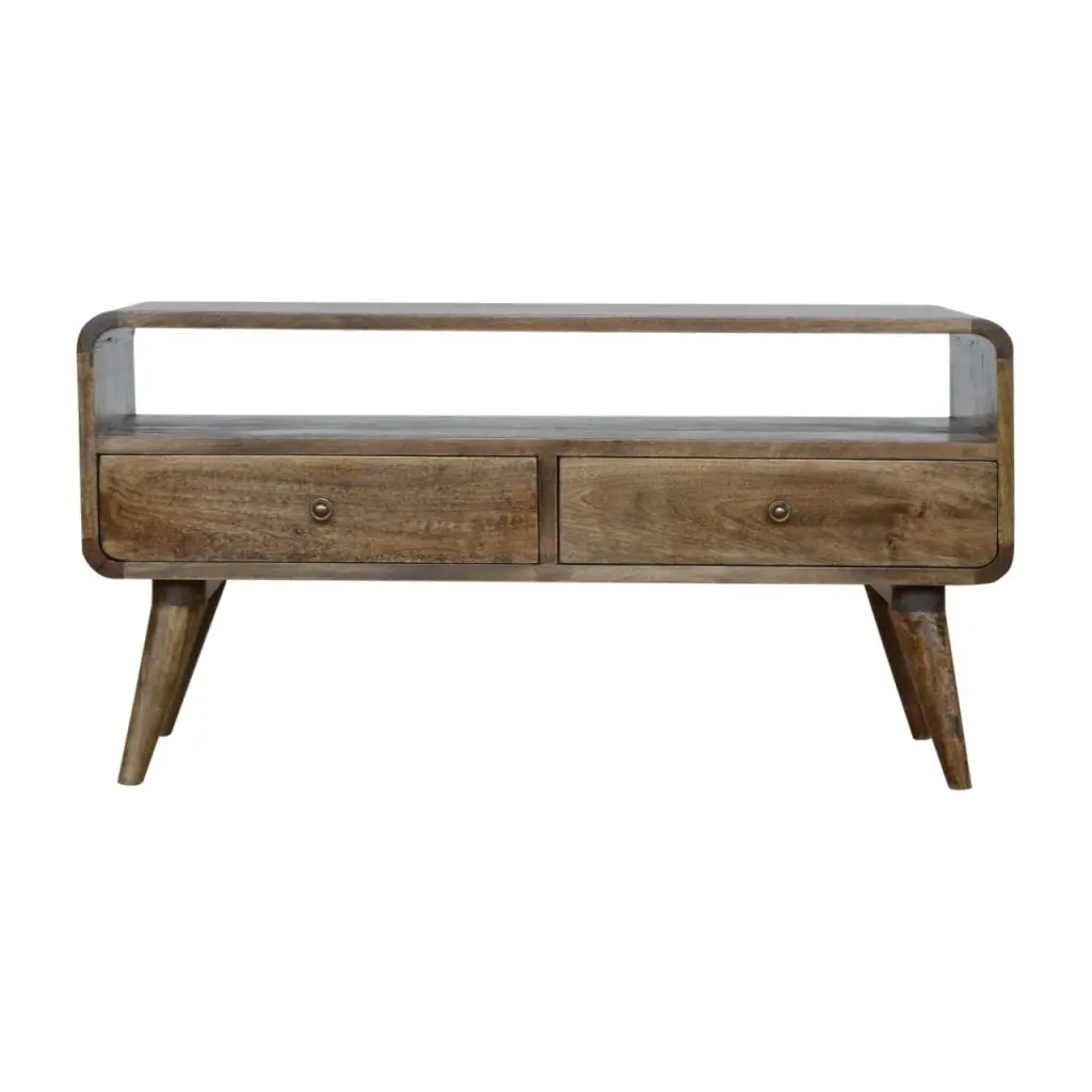 Curved Grey Washed Media Unit, Solid Wood TV Stand Gray Wash Finish artisan furniture
