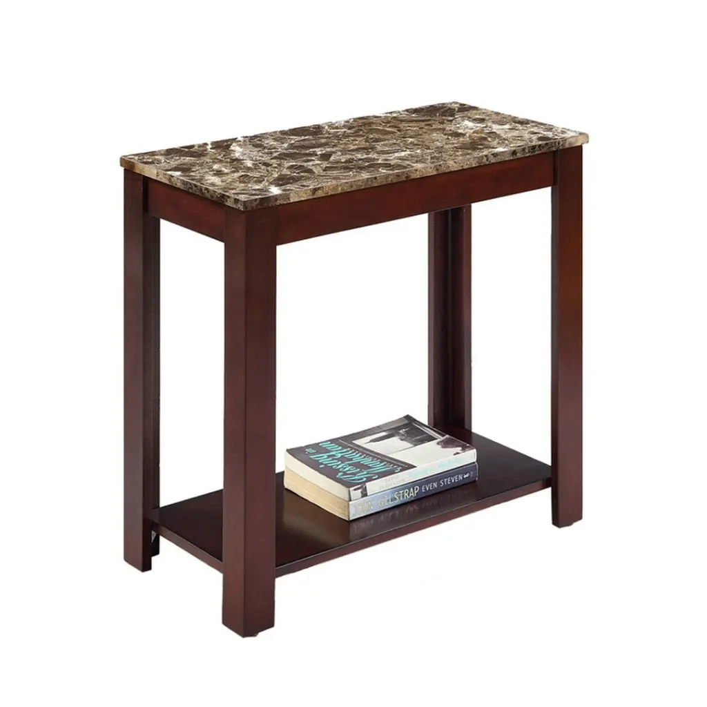 24 Inch Tall Wooden End Table Dark Cherry Finish and Marble Print Top california home