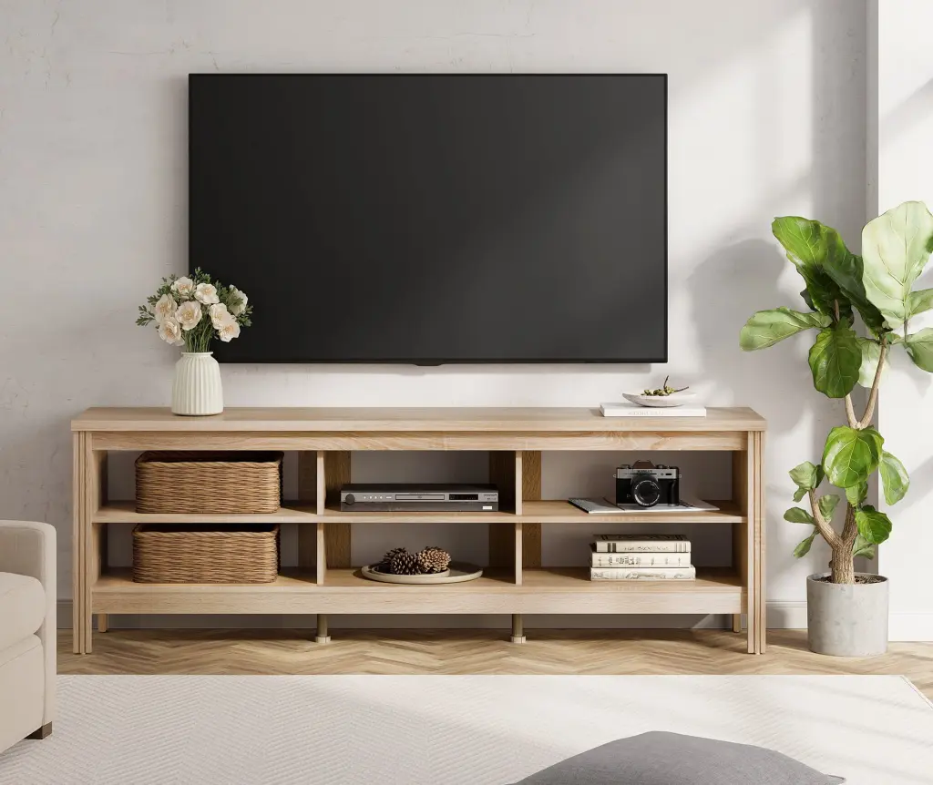 Wooden Oak TV Stand 75 Inch TV 6 Cubby Storage Media Console FITUEYES