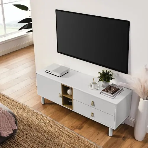 MIDODO Modern TV Stand Wooden Multi-Functional Storage Cabinet Leather Handles Living Room Bedroom