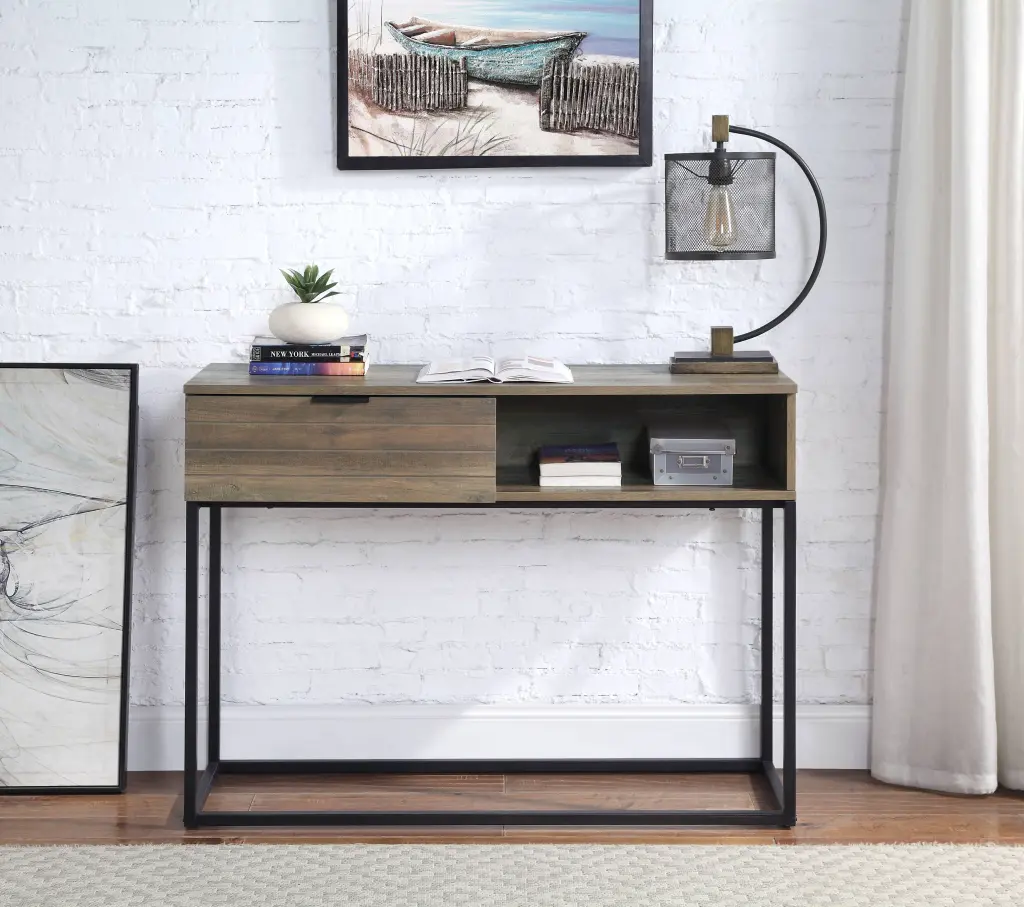 Galeno Writing Desk Rustic Oak Finish Black Metal Frame acme onsite store