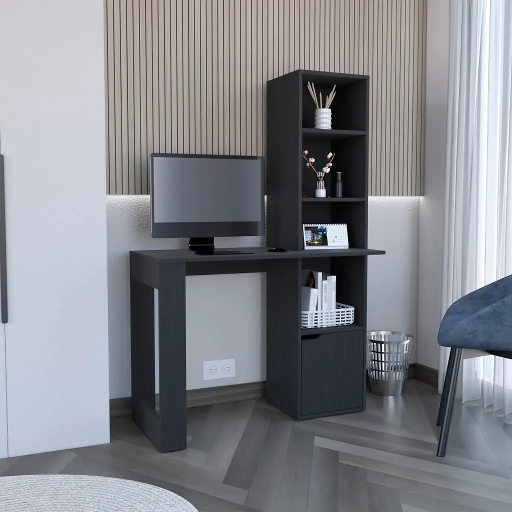 Black Writing Desk Bookcase and Cabinet, Particle Board Study Desk Home Office depot e-shop