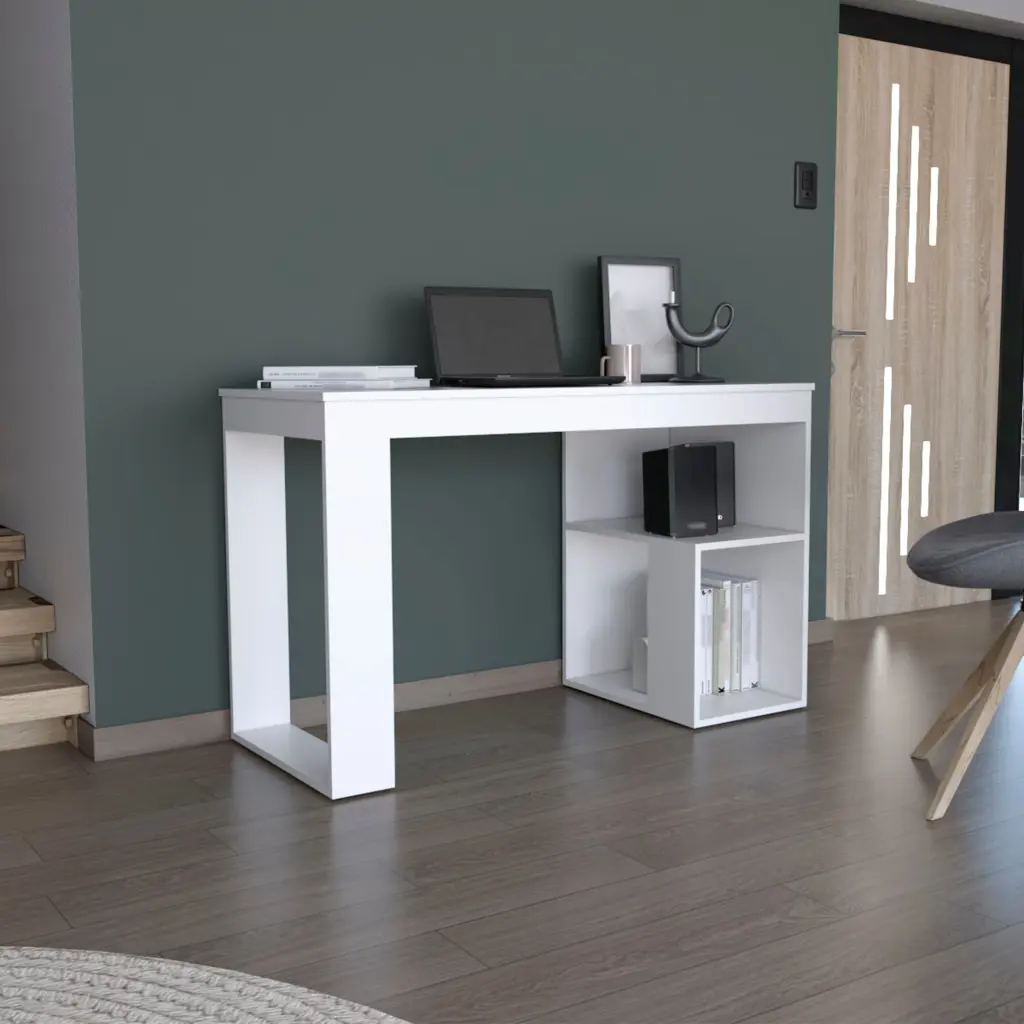 Firenze Writing Desk Two Shelves White Particle Board Pine Modern Workstation depot e-shop