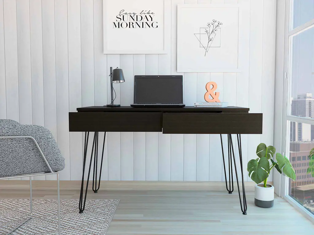 Black 2 Drawer Writing Desk Hairpin Legs Black Engineered Wood furniture max