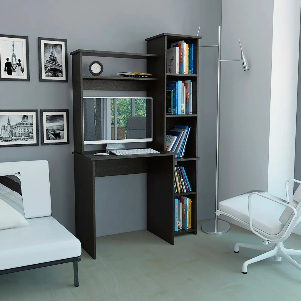 Black Wengue 6 Shelf Writing Desk Built Bookcase furniture max