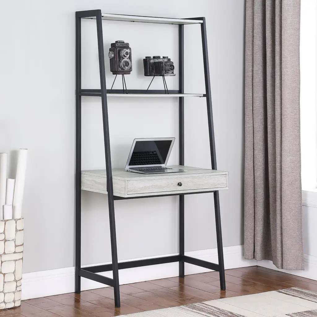 Grey Stone Herringbone and Black 1 Drawer Ladder Desk Writing furniture max