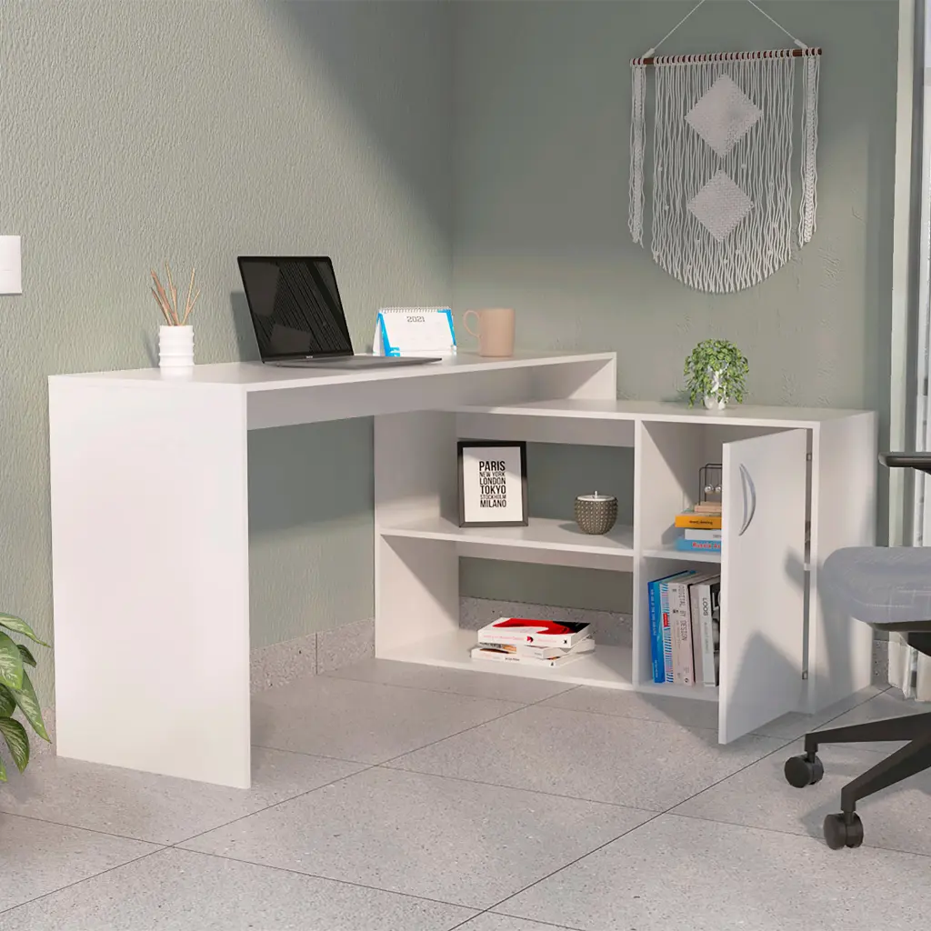Lyncliff 1 Drawer 2 Shelf L Influenced Office Desk White Particle Board furniture max