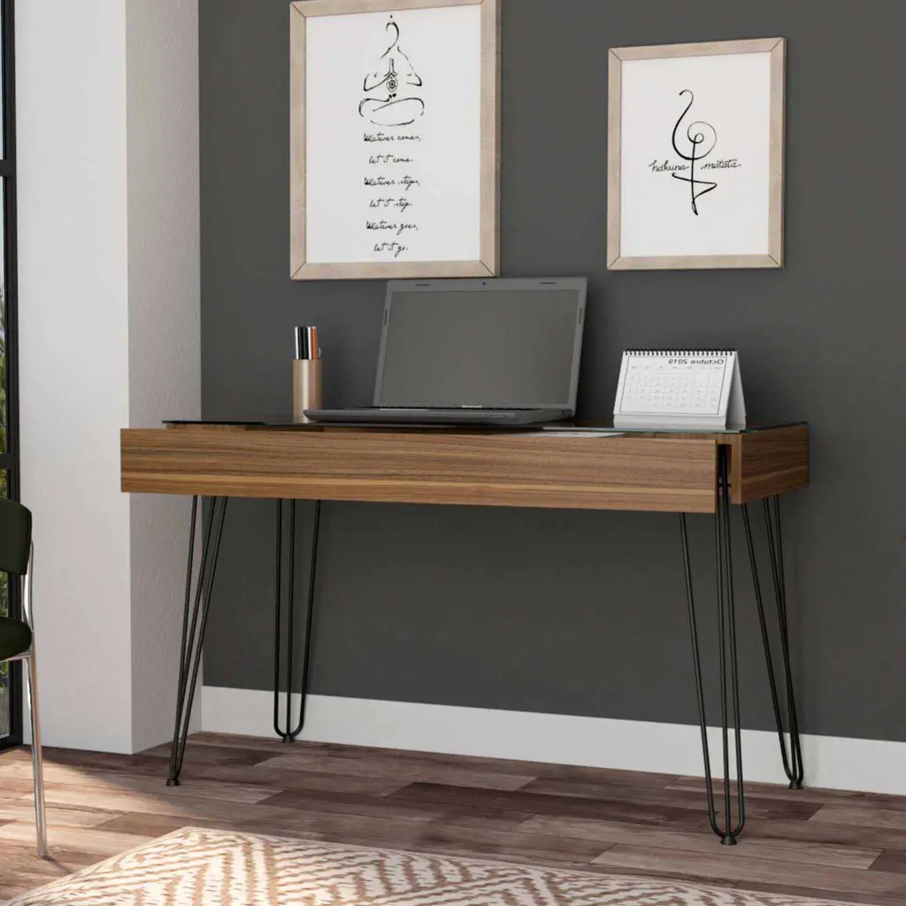 Mahogany 1 Drawer Rectangle Writing Desk Hairpin Legs Brown Particle Board furniture max