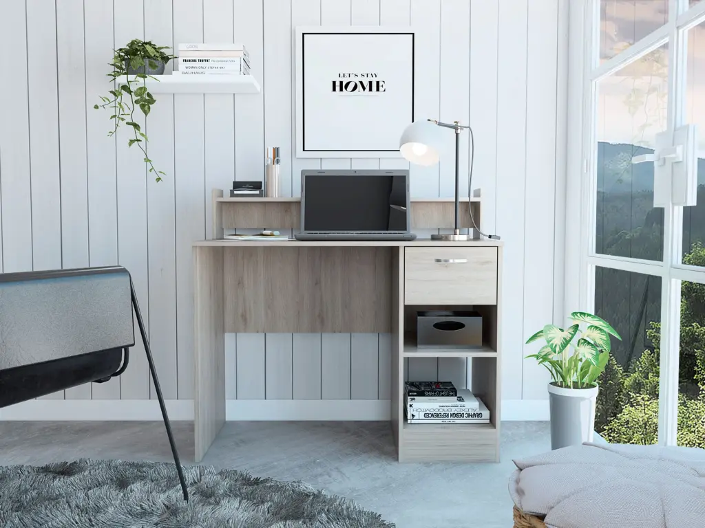 Portland 2 Shelf 1 Drawer Writing Desk Light Gray Engineered Wood furniture max