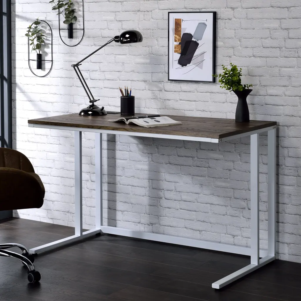 Walnut And White Writing Desk USB Port And Keyboard Tray Modern Office Desk furniture max