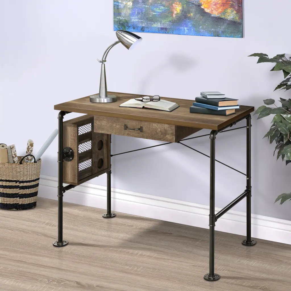Weathered Oak and Black 1 Drawer Writing Desk Keyboard Tray furniture max
