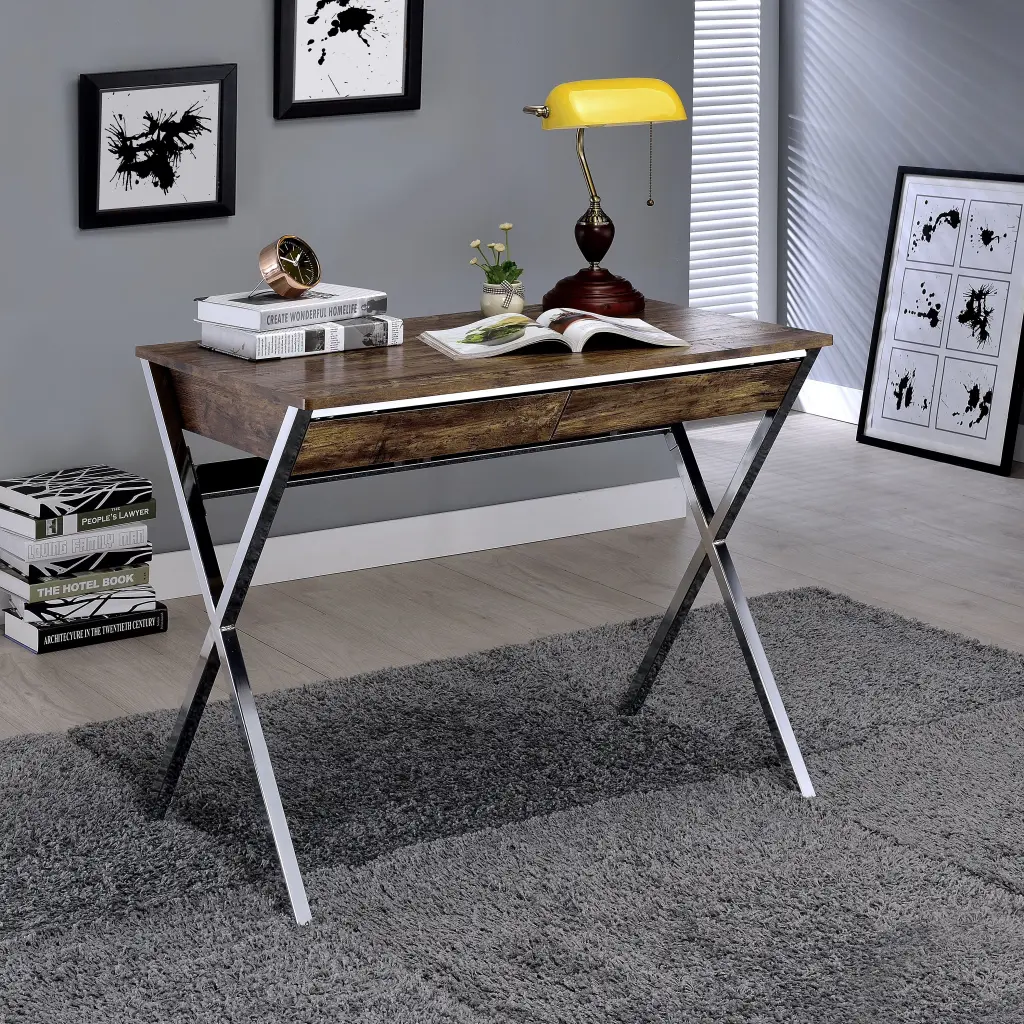 Weathered Oak and Chrome 2 Drawer Writing Desk Modern Home Office Furniture furniture max