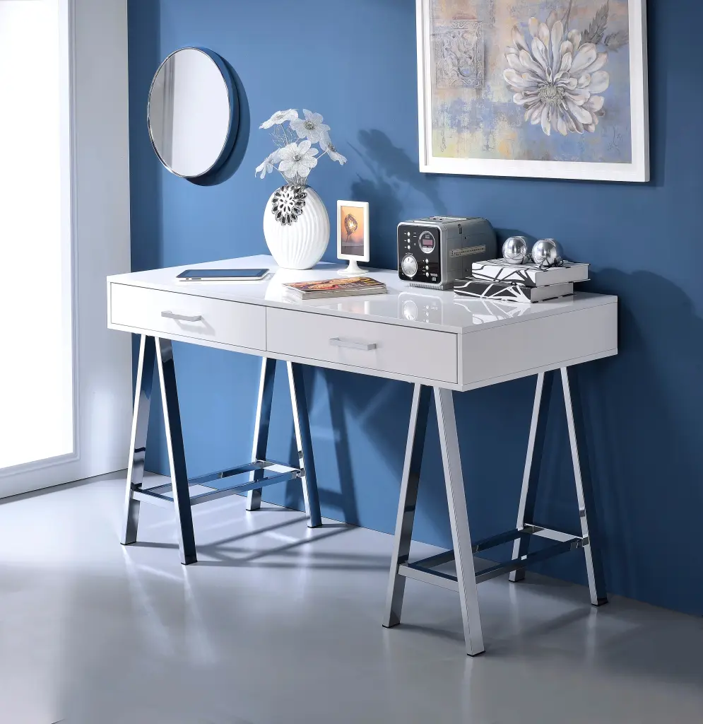 White High Gloss Writing Desk USB Port and Chrome Finish Modern Office furniture max