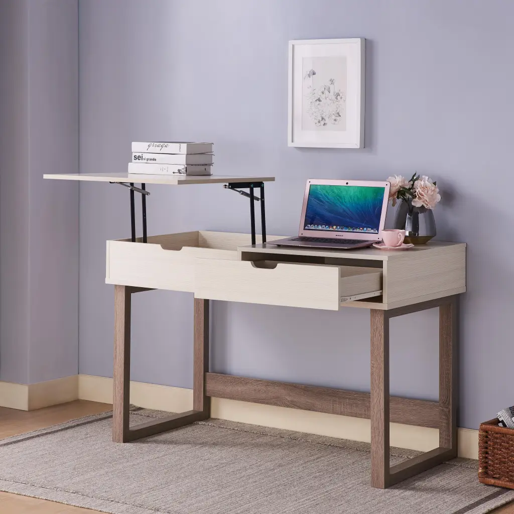 Ivory & Dark Taupe Desk Two Drawers Lift Top Design Beige Brown MDF Study Table id usa