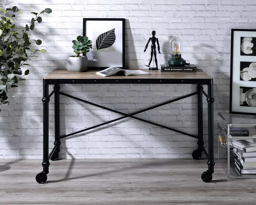 Oklarth Rustic Oak and Black Finish Writing Desk - Modern Home Office Furniture urban nest