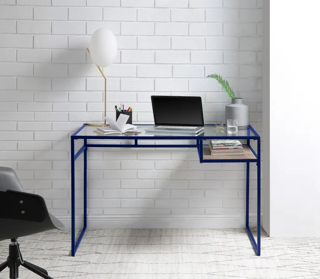 Yasin Blue Finish Writing Desk Glass Top Metal Frame urban nest