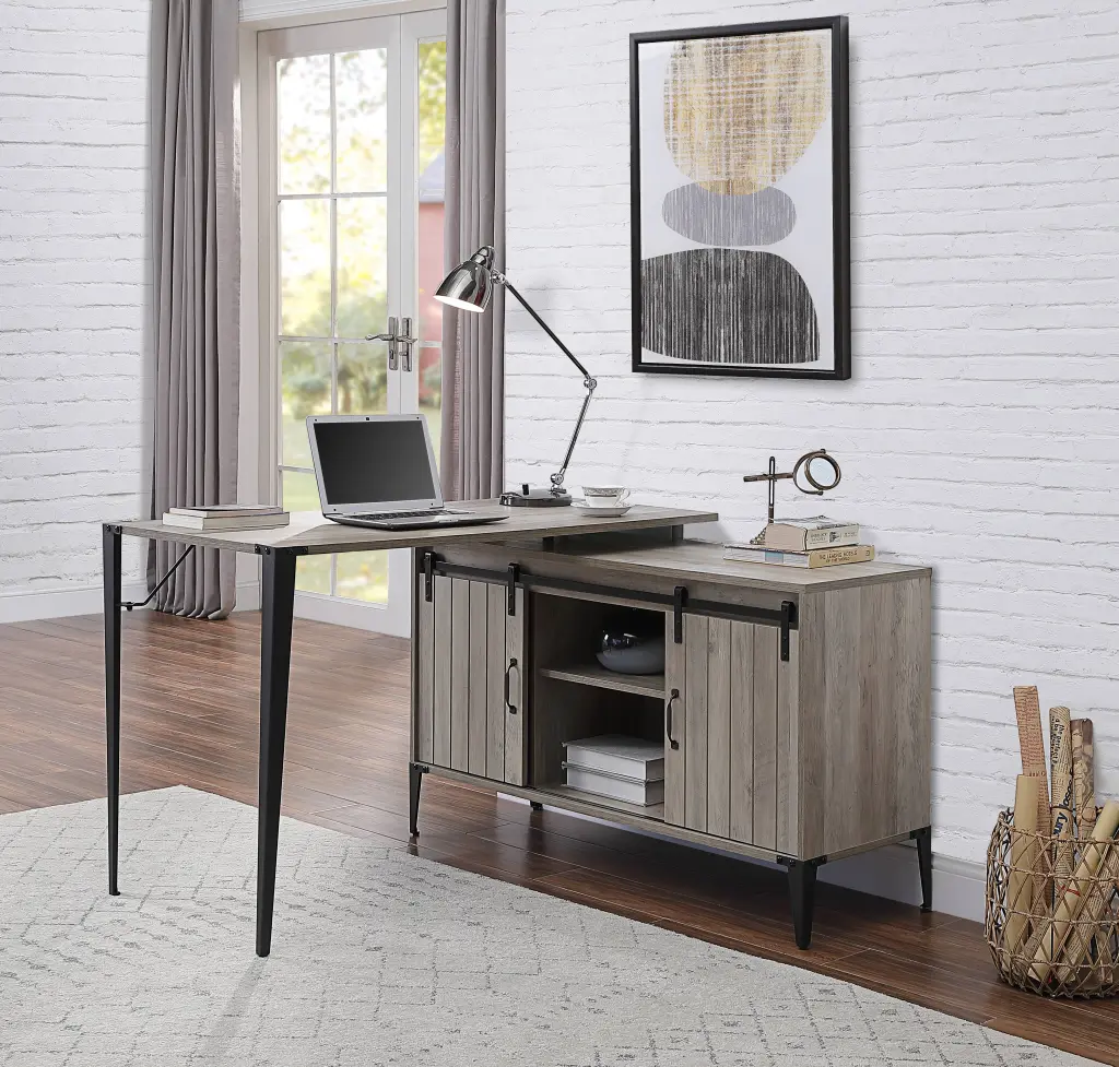 Zakwani 48 Inch Gray Oak & Black Finish Writing Desk Synthetic Timber urban nest